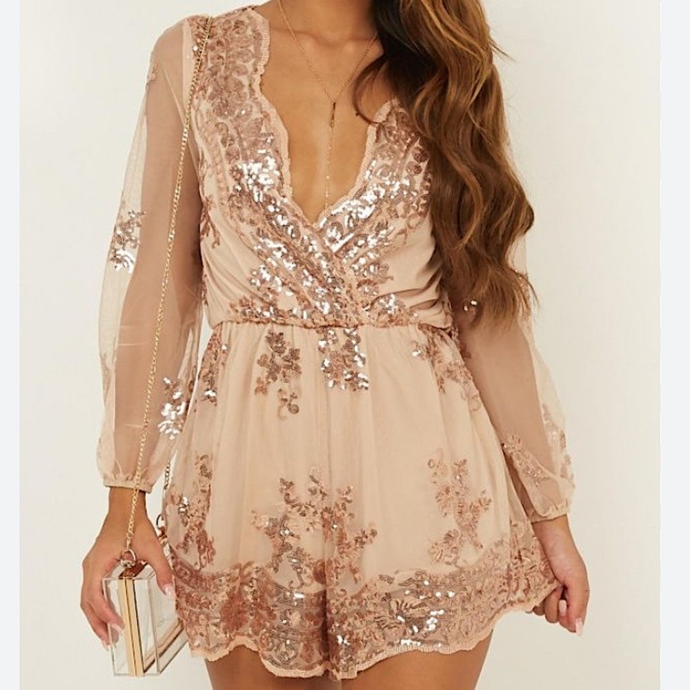 Showpo. The Big Baller Playsuit Sequin Nude Sheer Long sleeve Romper